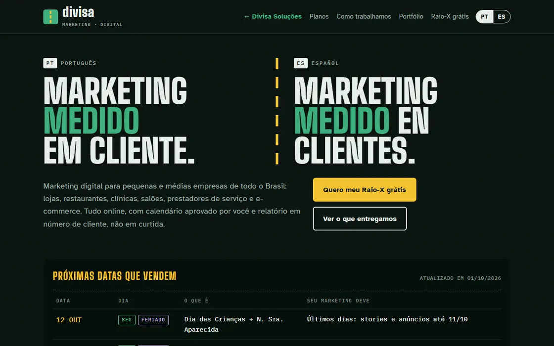 Página inicial bilíngue do site da Divisa Marketing